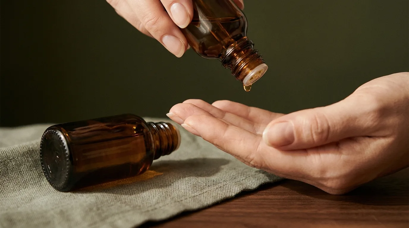 Pipeta vertiendo aceite de cutícula sobre una mano relajada en lino sage