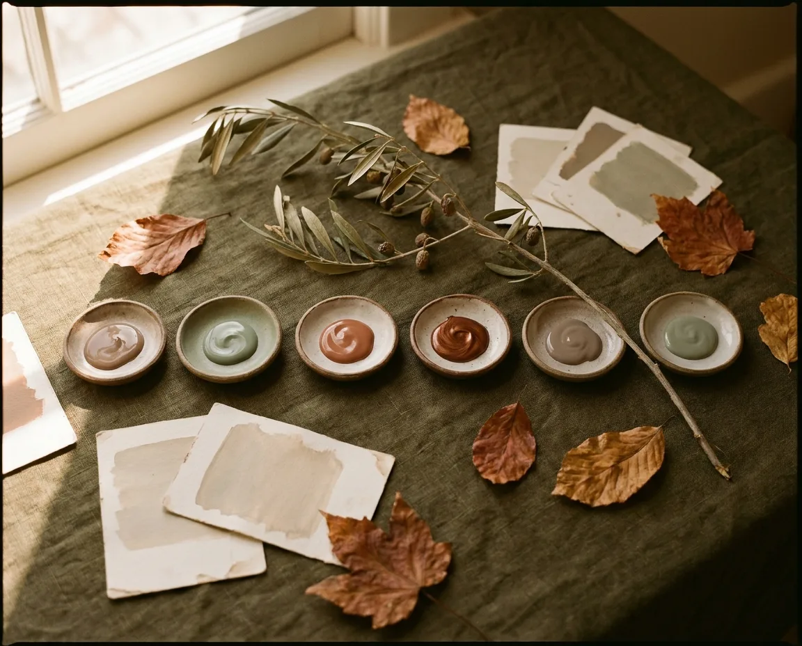 Moodboard editorial de tendencias 2026: 5 swatches de uñas en cuencos cerámicos sobre lino oliva con olivo seco y hojas otoñales