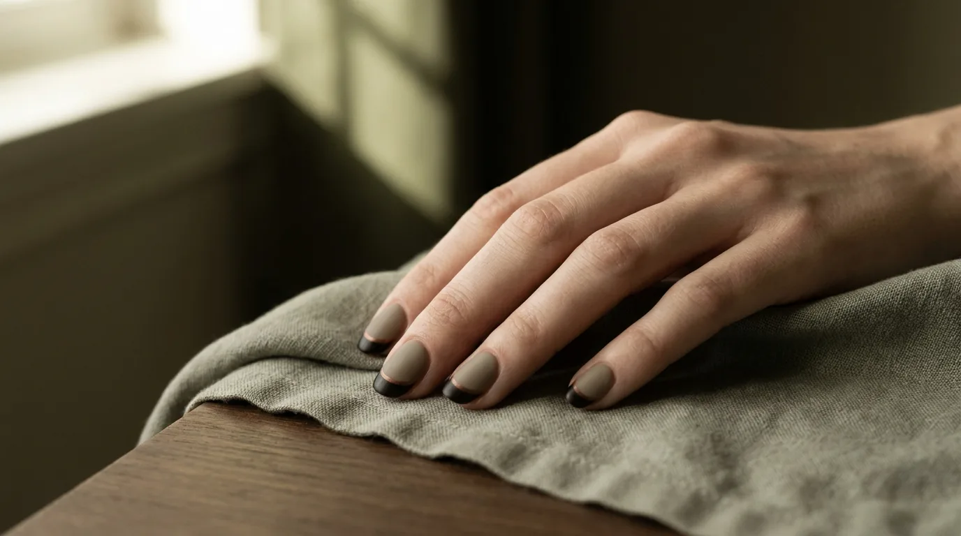 French oscuro mate con línea cobre sobre uñas relajadas en lino sage