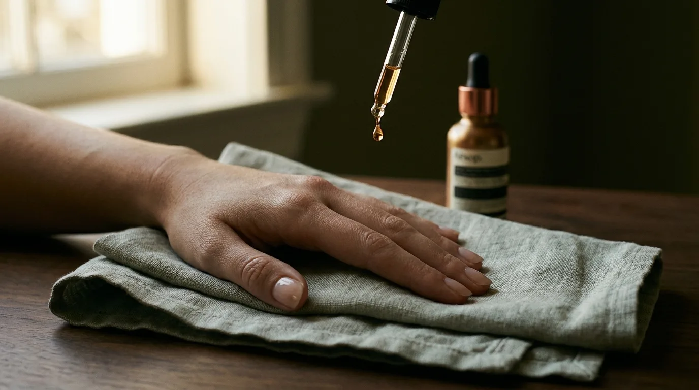 Pipeta aplicando aceite de cutícula sobre mano relajada — ritual de cuidado nocturno